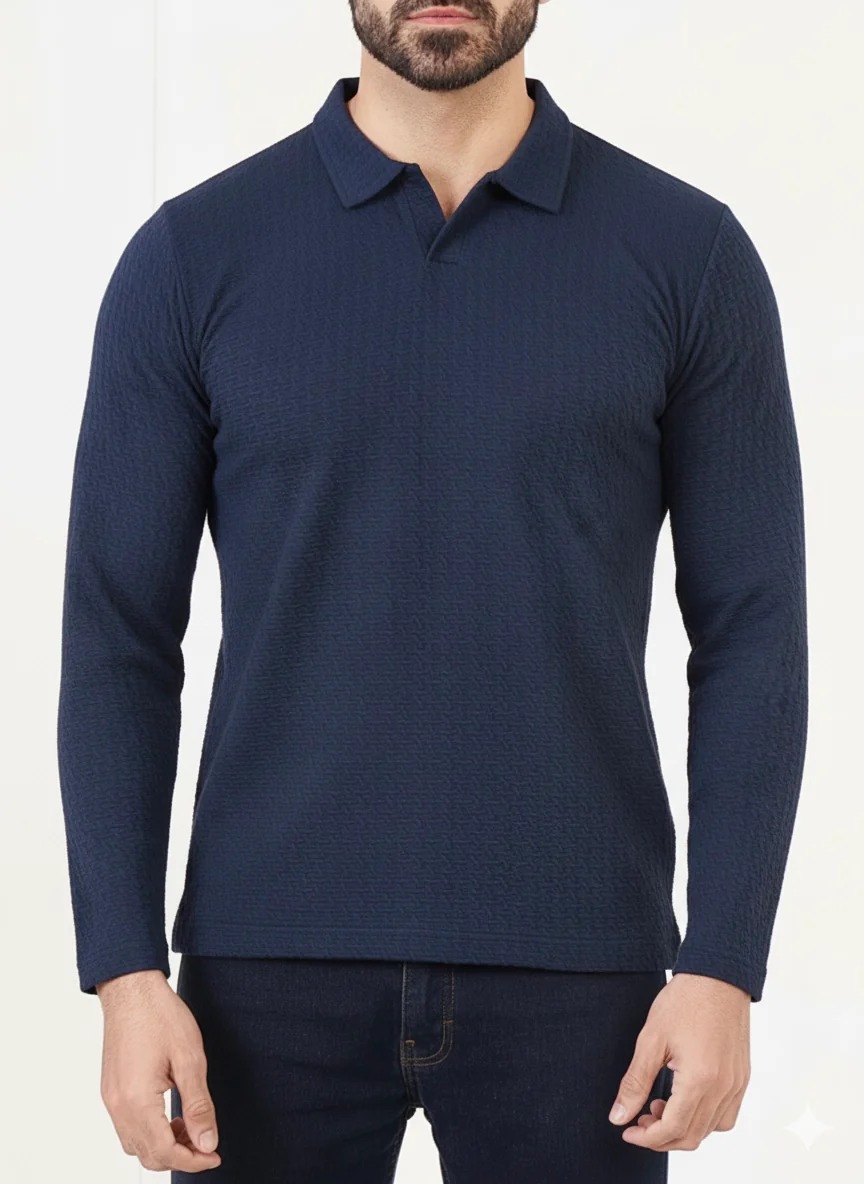Men’s Navy Textured Long-Sleeve Polo Shirt